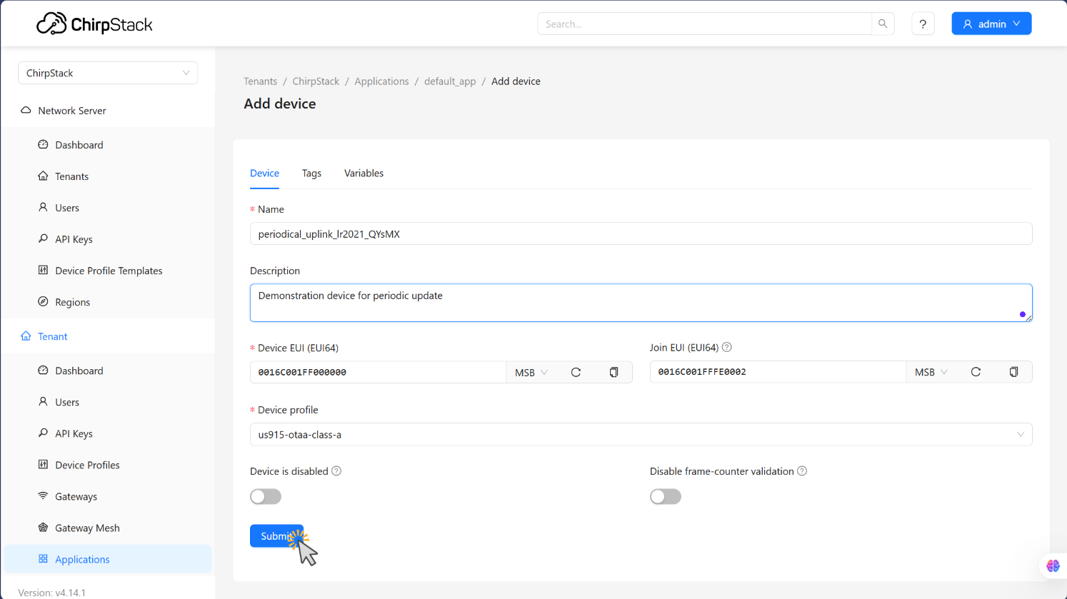 Enter Device EUI and select the device profile