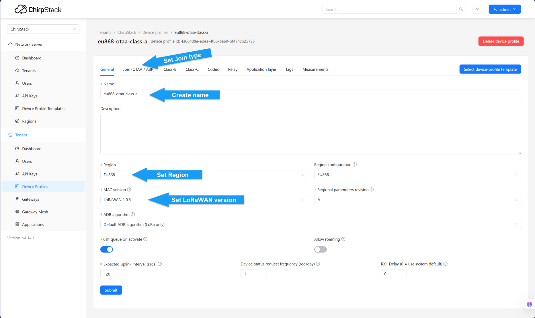 Device profile creation screen